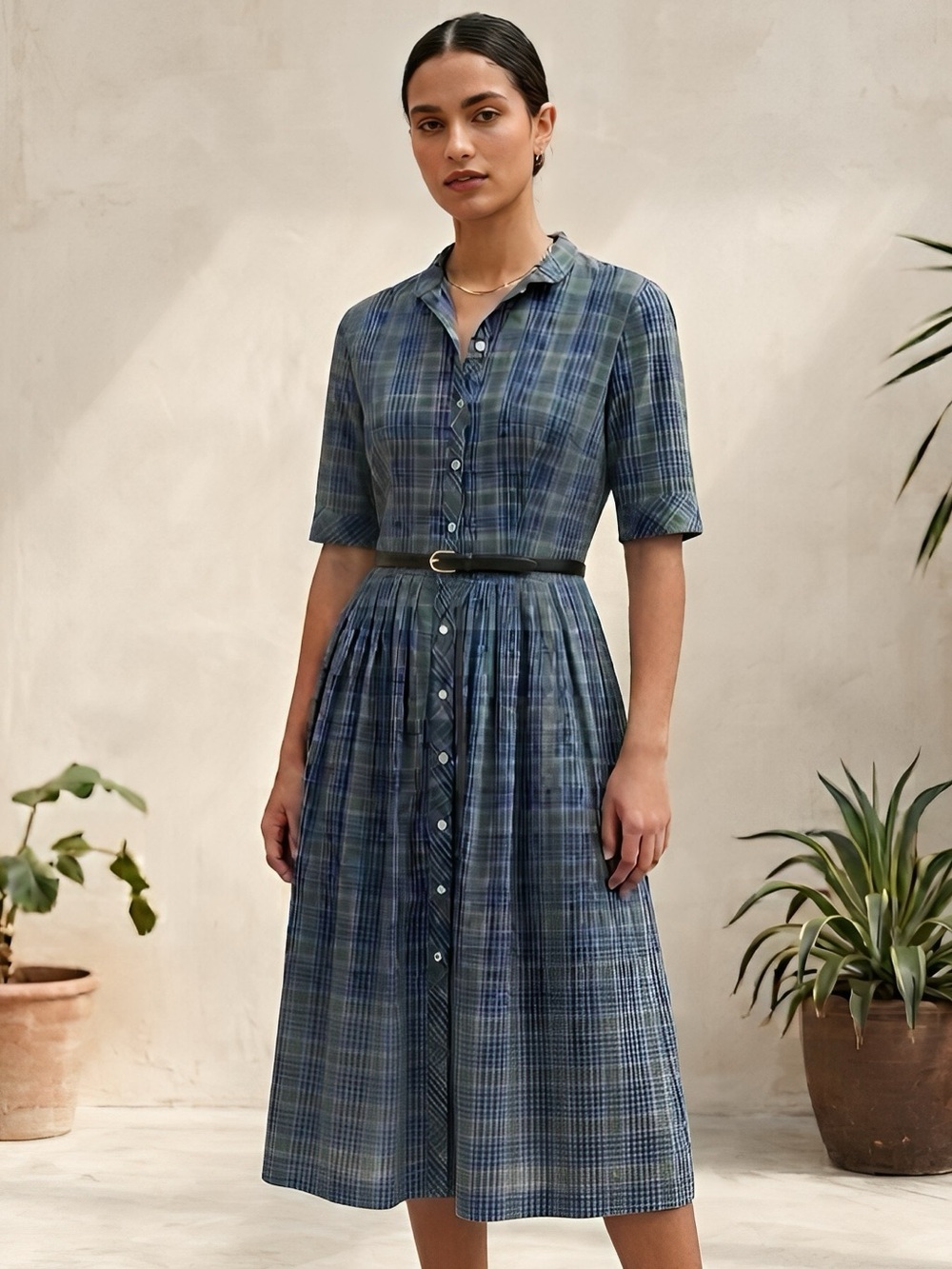 Vintage Pure Silk Button-Front Plaid Shirt Dress
